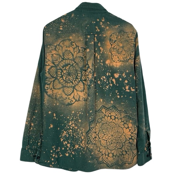 Handmade Boho Flannel Shirt Womens Medium Large Stencil Bleached Houndstooth - Picture 2 of 13